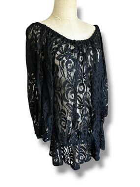 Sheer Black Lace Crochet Floral Peasant Top